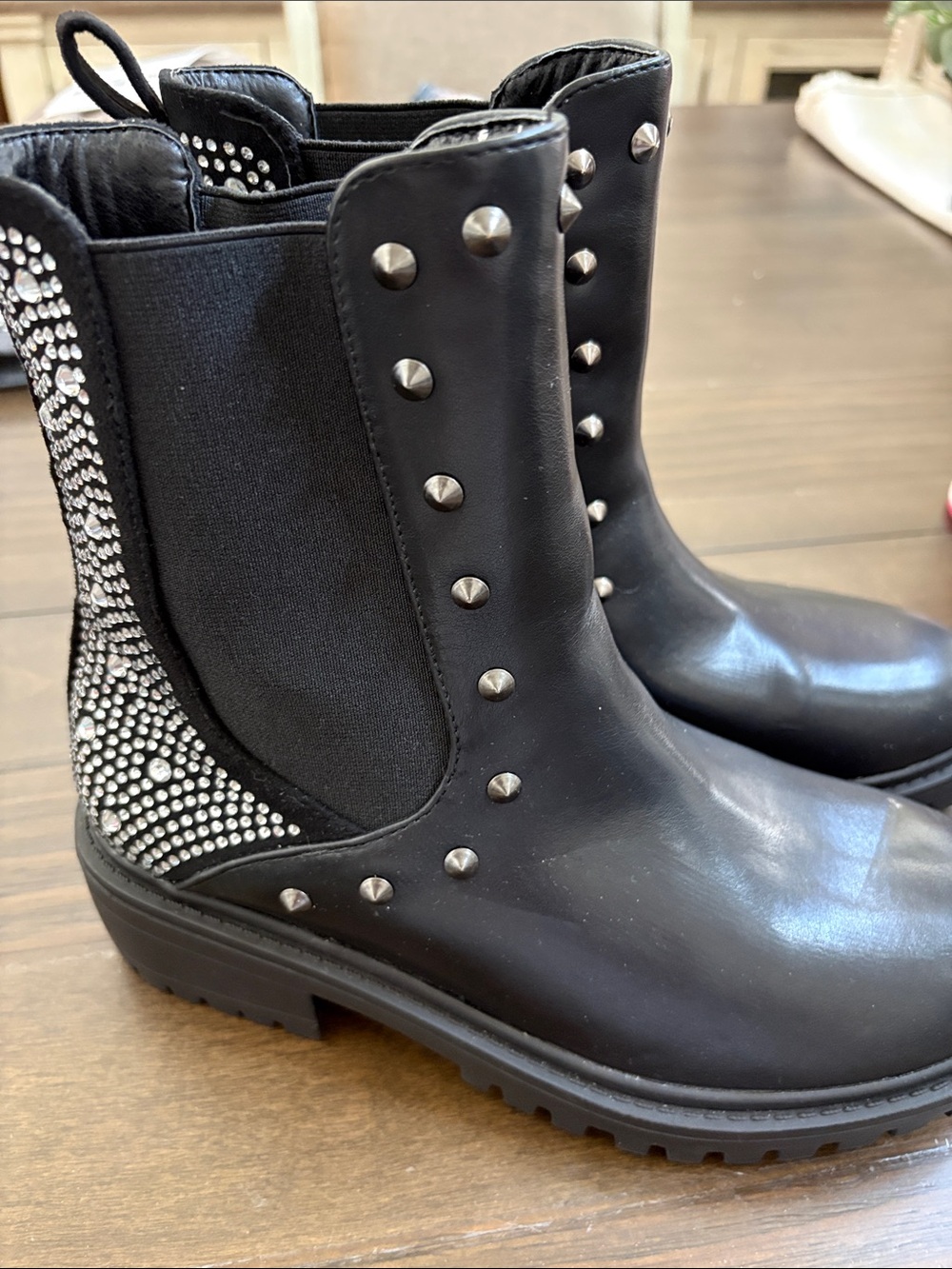Studded Black Chelsea Bootie with Crystal Side Accents